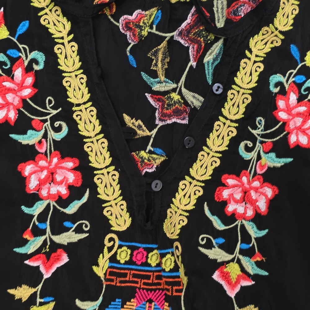 Johnny Was Blouse Women S Black Floral Embroidered Boho Rayon Peasant Top - Picture 9 of 13